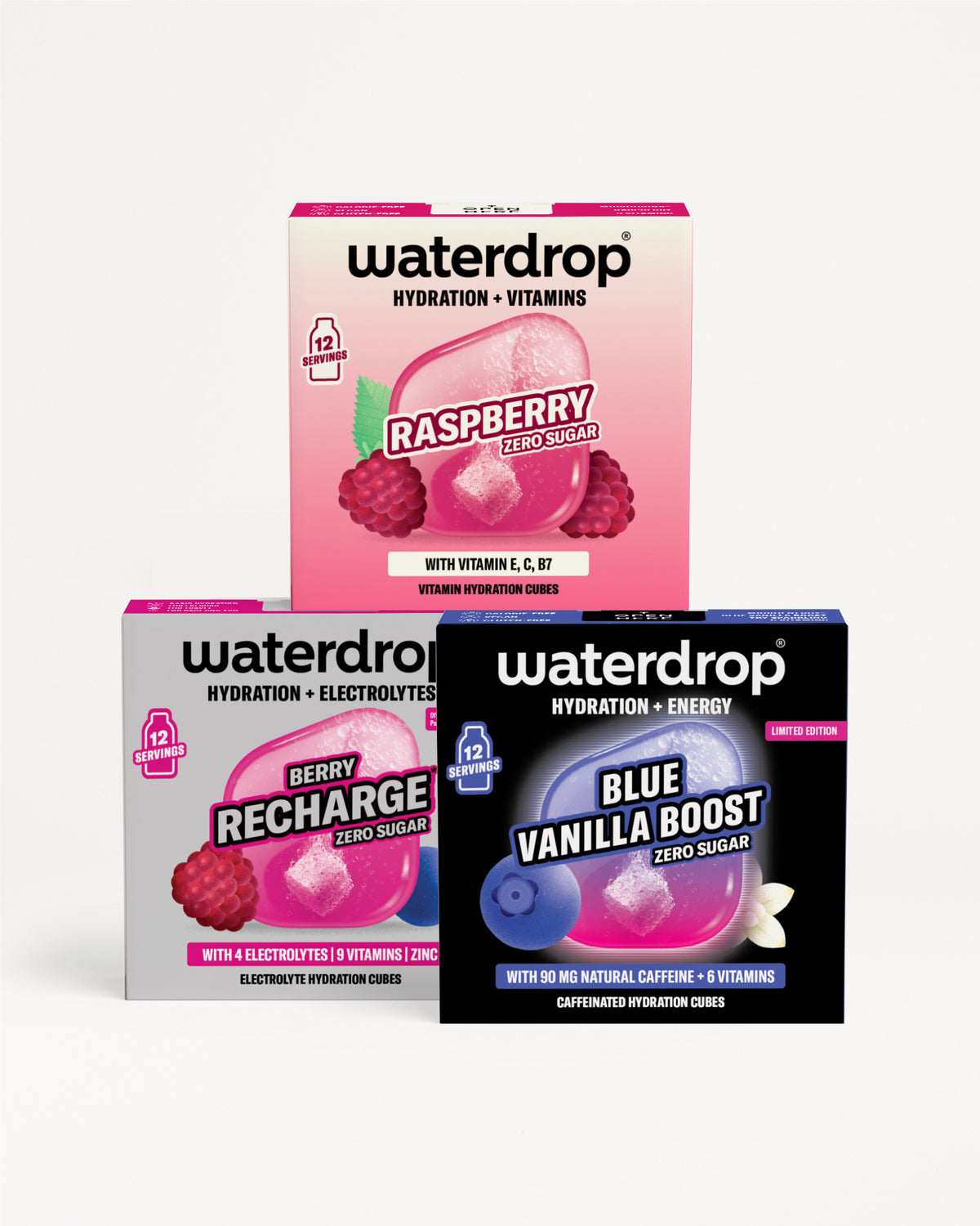 Tri balíčky Waterdrop na hydratáciu s príchuťami Raspberry, Berry Recharge a Blue Vanilla Boost.