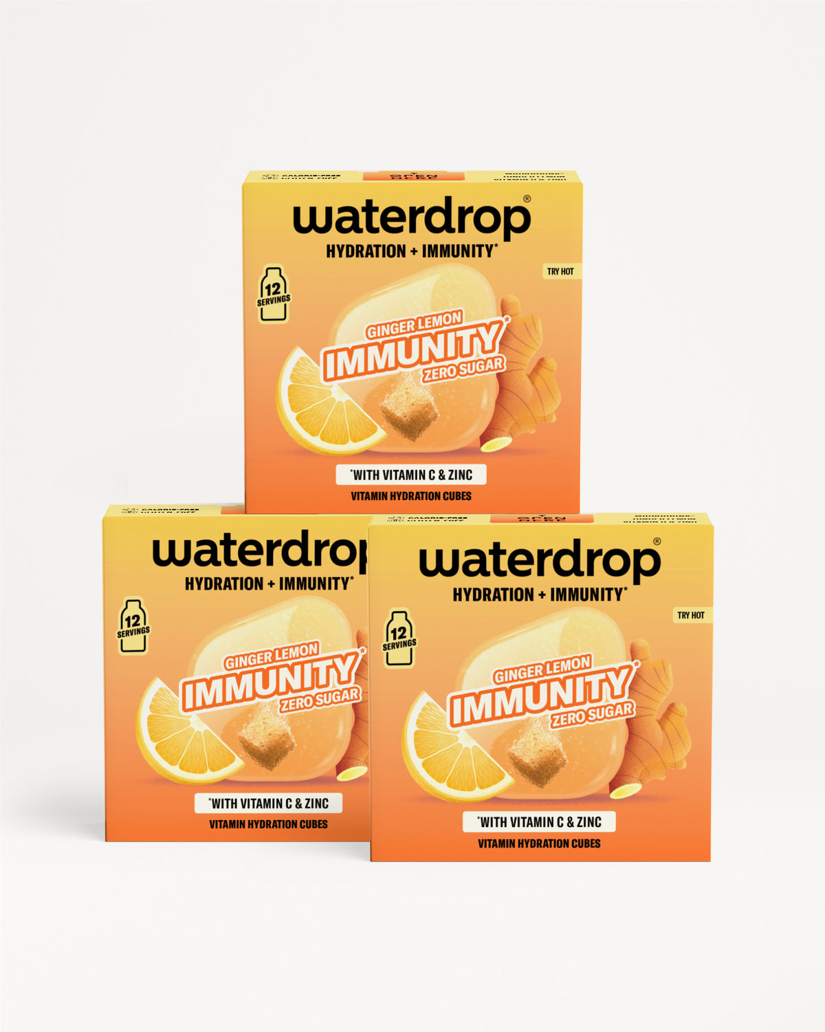 Tri balenia Waterdrop na hydratáciu a imunitu, ukladané na seba.