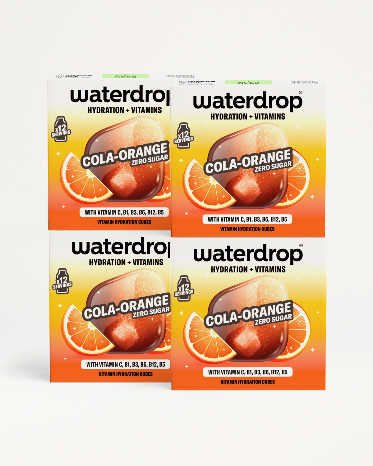 Štyri krabičky Waterdrop Cola Orange s príchuťou koly a pomaranča, umiestnené na bielom pozadí.
