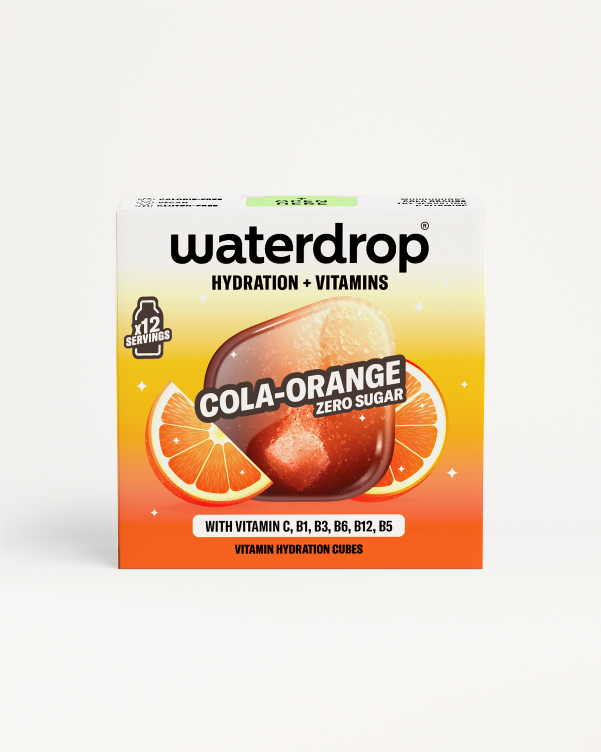Krabička Waterdrop Cola Orange s príchuťou koly a pomaranča, bez cukru, s obsahom vitamínov C, B1, B3, B6, B12 a B5, umiestnená na bielom pozadí.