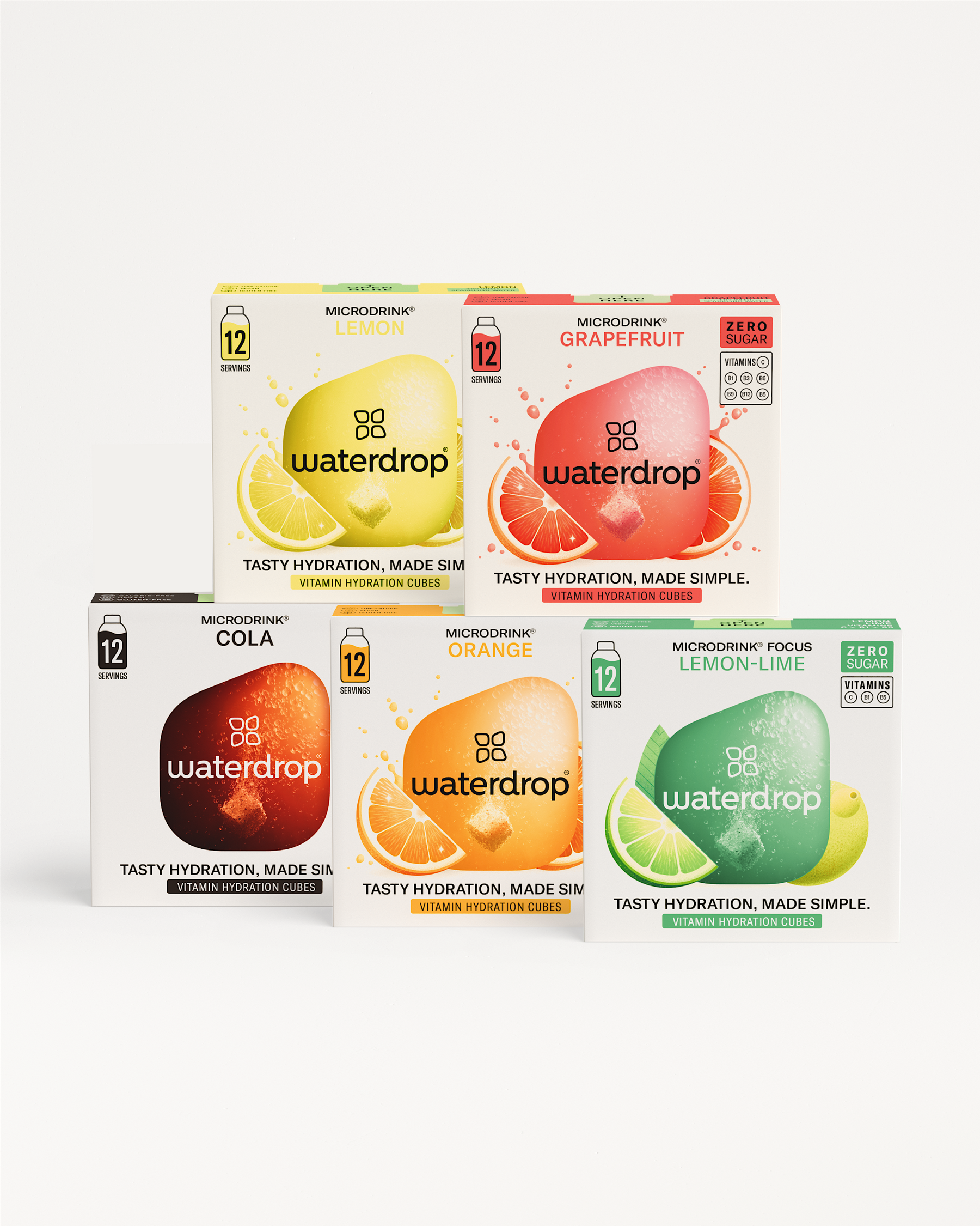 60 kusov microdrinku waterdrop® v 5 rozličných príchutiach. Pi viac vody!