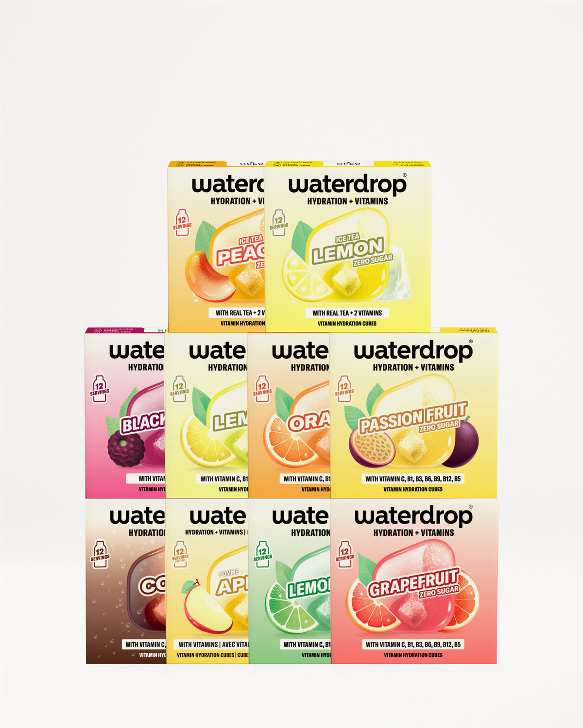 Pyramídovo usporiadanie krabíc Waterdrop na hydratáciu a vitamíny s rôznymi ovocnými príchuťami.