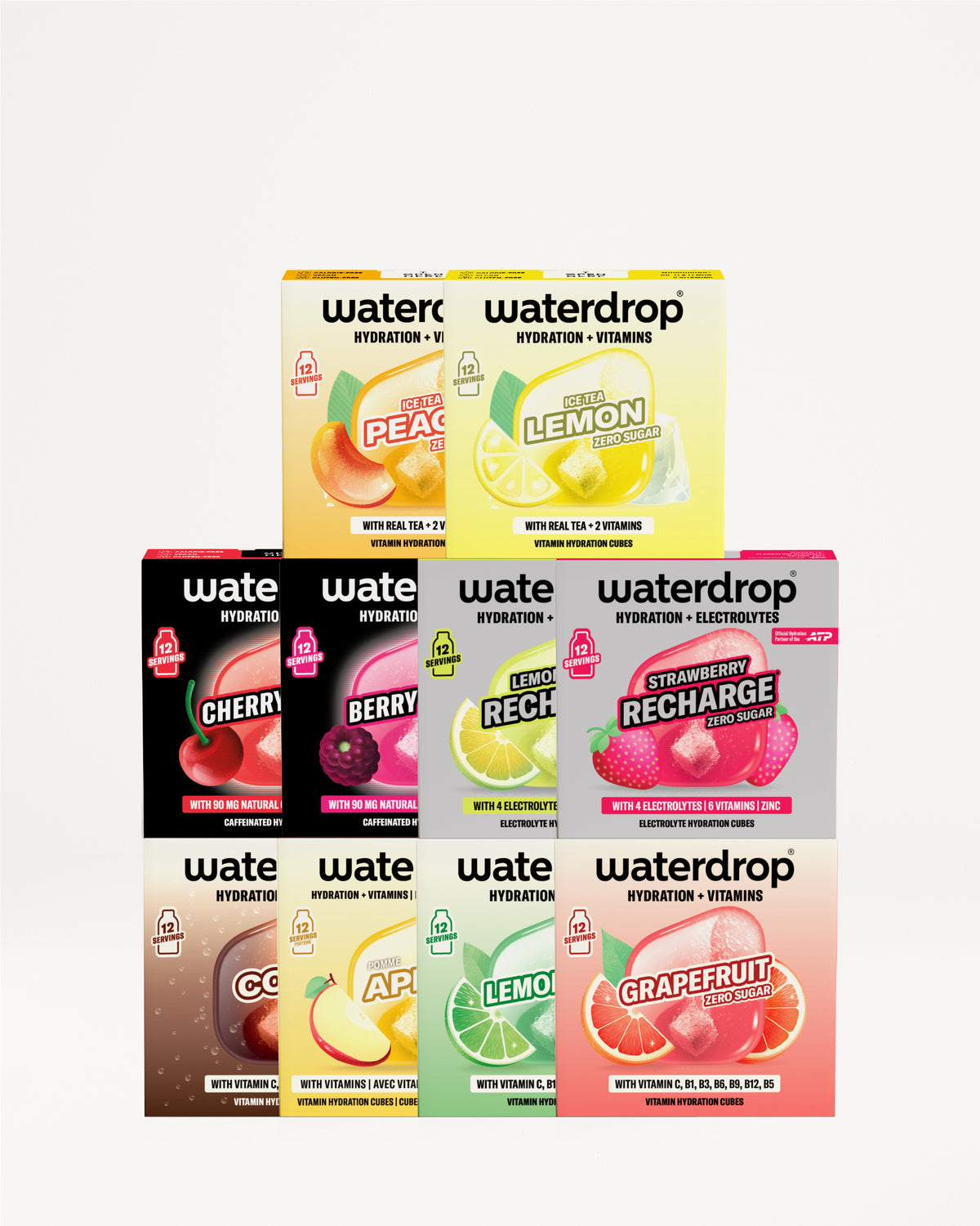 Rôzne krabičky Waterdrop na hydratáciu v tvare pyramídy.