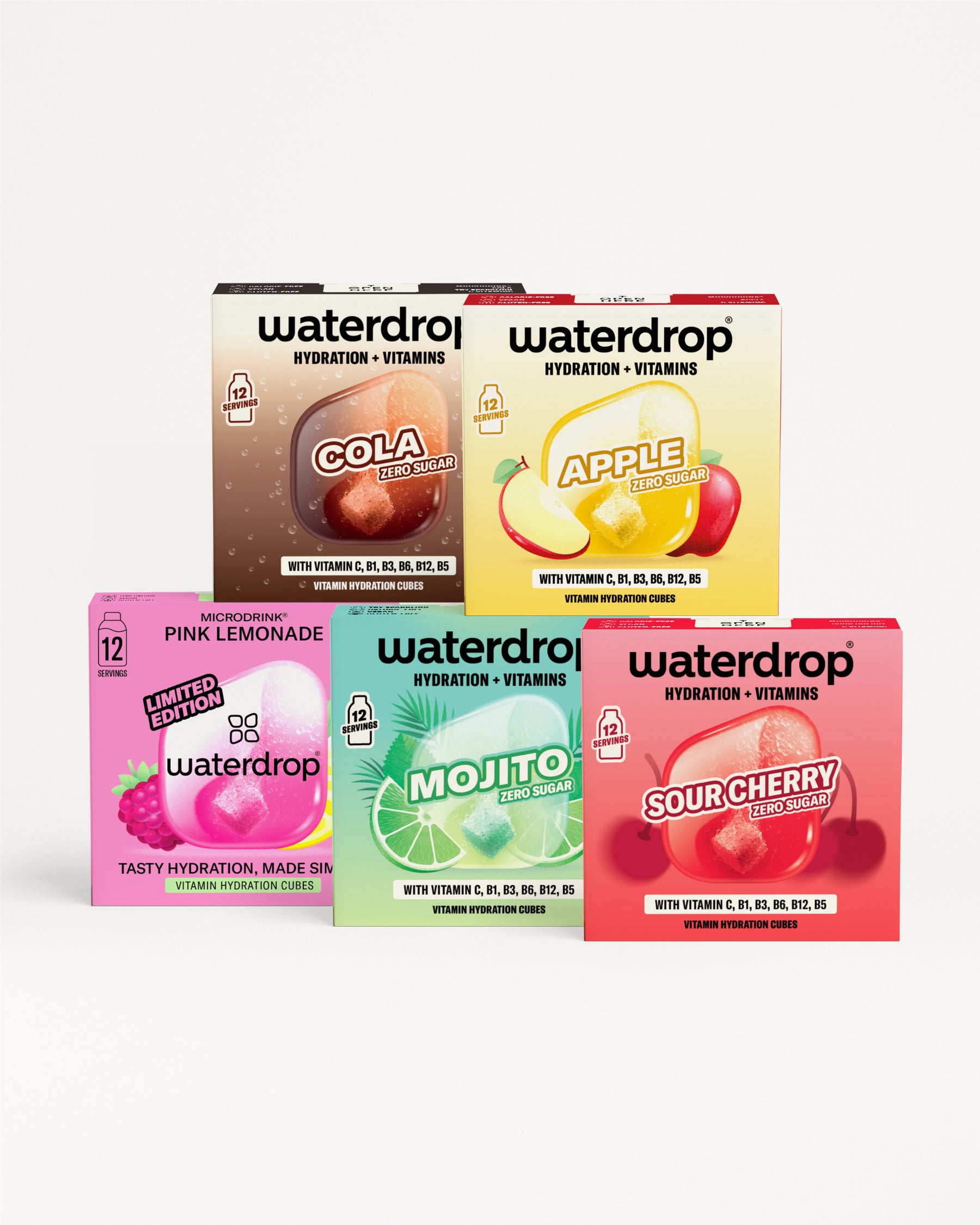 Sada boxov Waterdrop na hydratáciu s vitamínmi usporiadaných do dvoch radov.