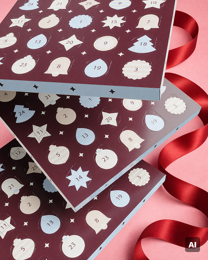 Stohované modré adventné kalendáre so číslovanými kruhovými oknami a hviezdičkami, previazané červenou stuhou na ružovom pozadí.