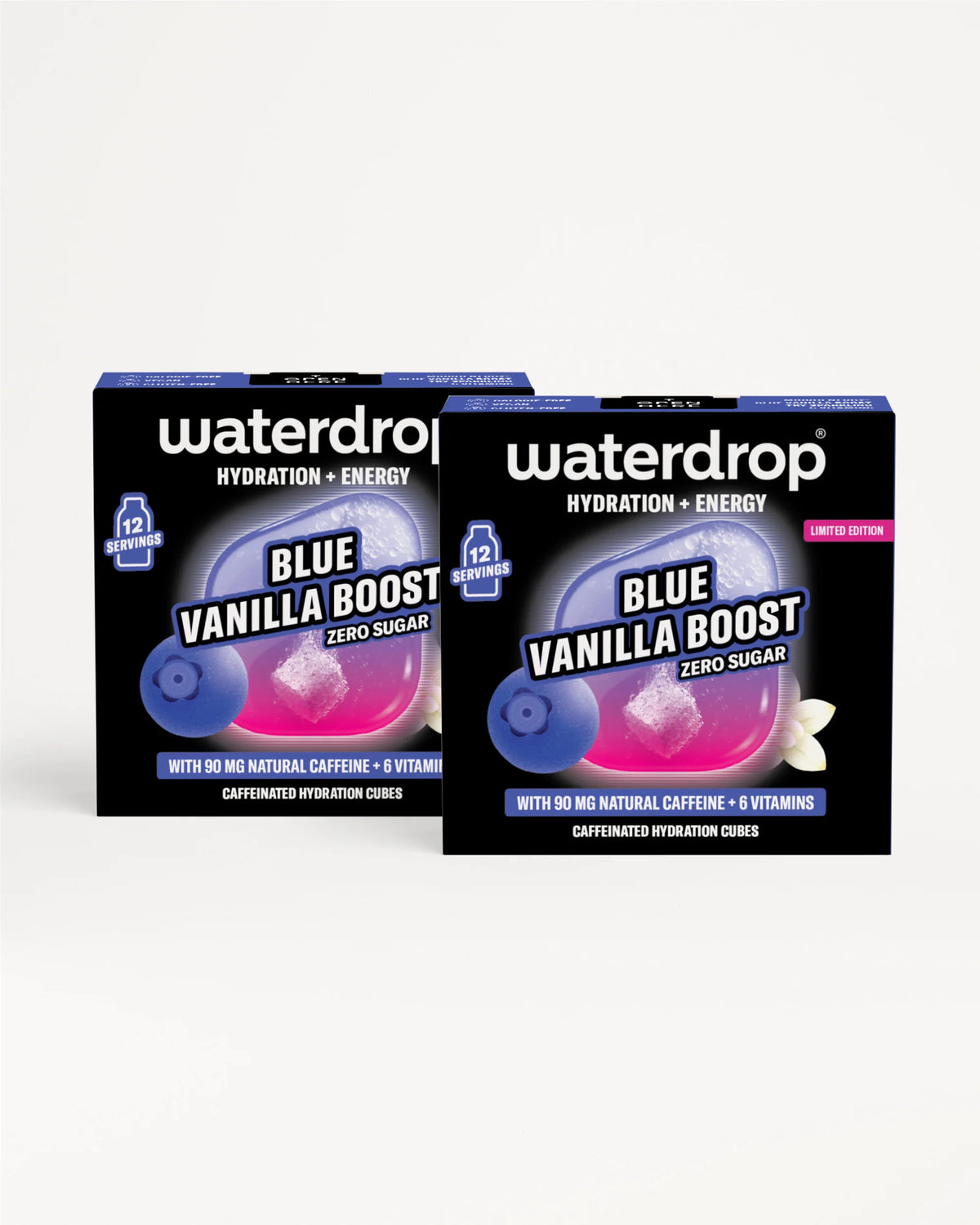 Dve krabice Waterdrop Blue Vanilla Boost s modrým a fialovým balením.