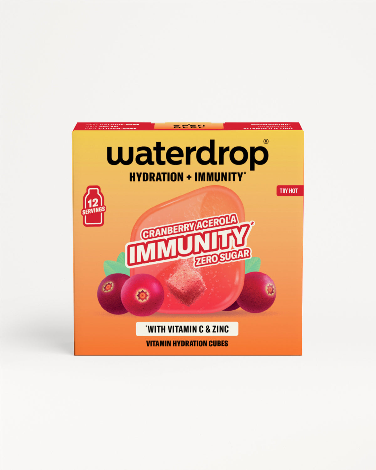Balenie Waterdrop Immunity kúsky na hydratáciu príchuť brusnica-acerola, predná strana obalu.