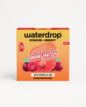 Balenie Waterdrop Immunity kúsky na hydratáciu príchuť brusnica-acerola, predná strana obalu.