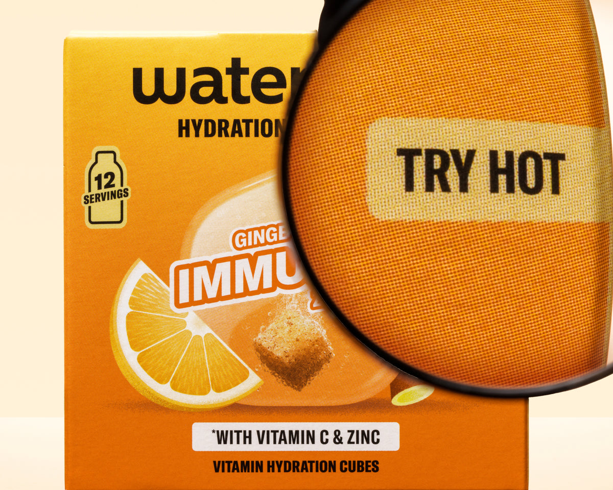 Oranžová škatuľka s grafikou citróna a lupou, kapsule na hydratáciu s vitamínmi.
